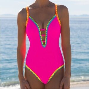 Popvil Shell Trim Strappy Back Tie neon hot pink One Piece Swimsuit size Medium